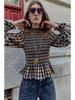 Camicia da donna versatile casual a maniche lunghe con motivo a nido d'ape e quadri, collezione Primavera/Estate 2026