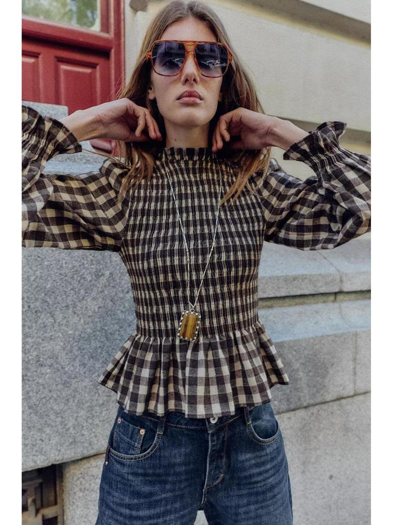 Camicia da donna versatile casual a maniche lunghe con motivo a nido d'ape e quadri, collezione Primavera/Estate 2026