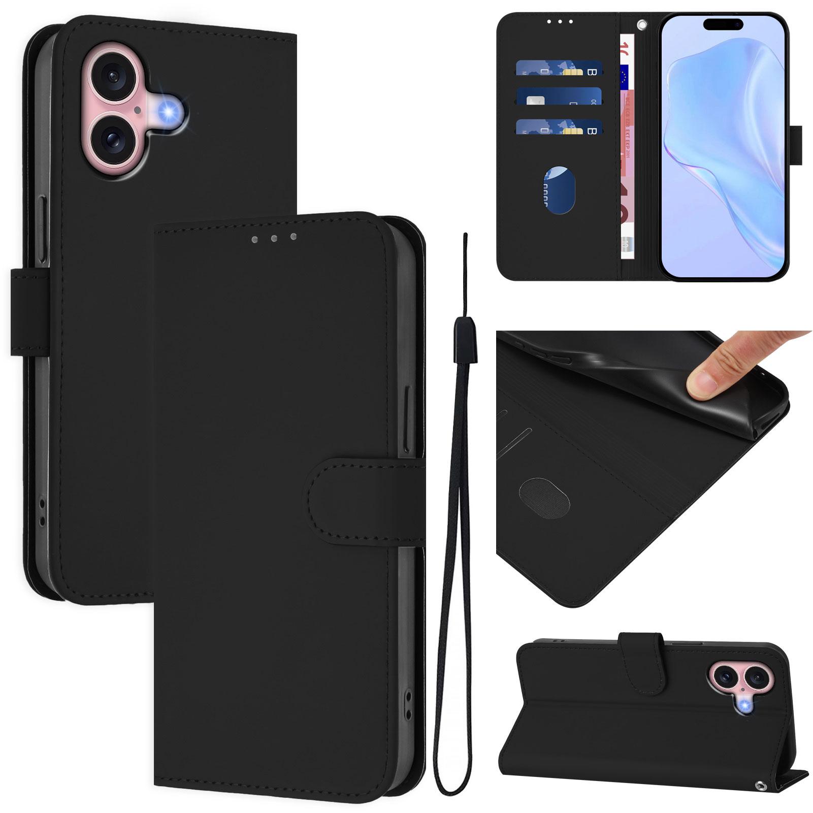 

For iPhone 16 Case Solid Color Wallet Leather Phone Cover with Strap Navy Blue