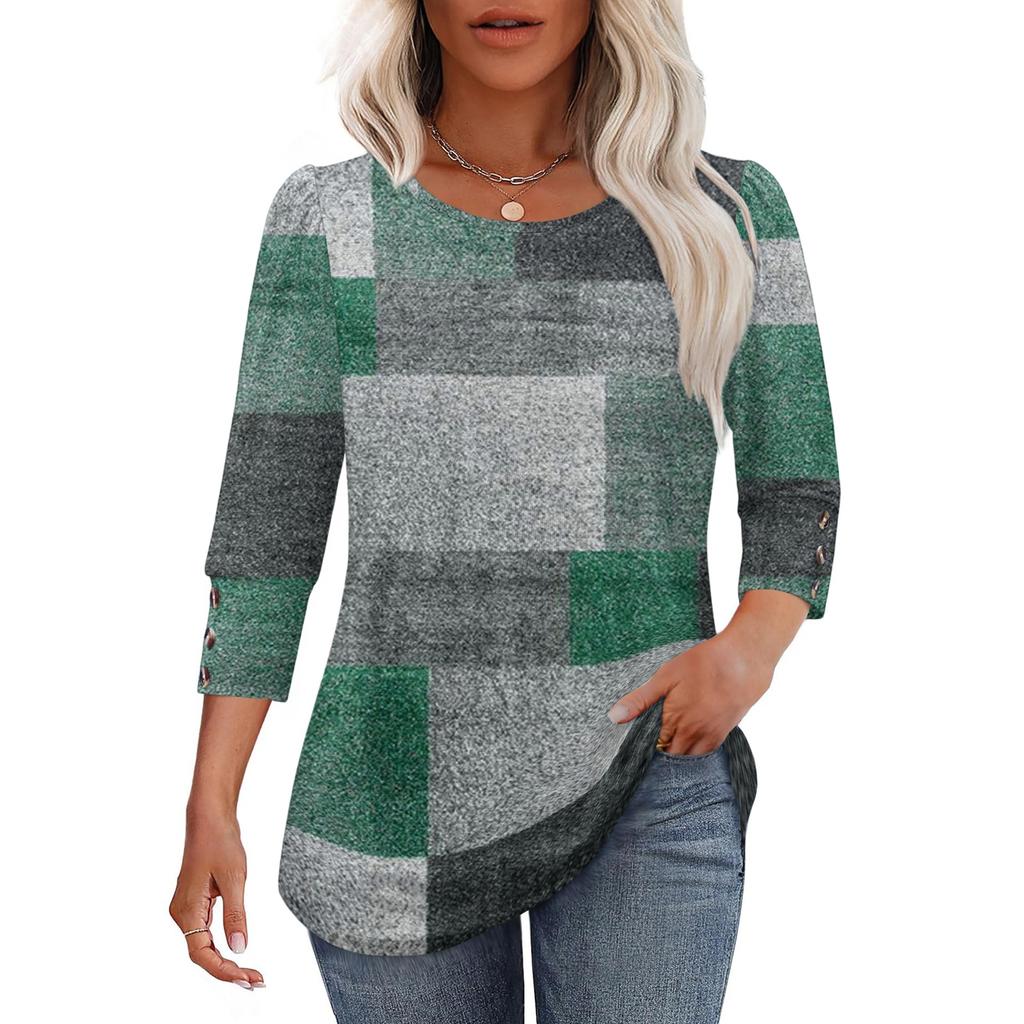 Women's Casual Loose Fit Top Three Quarter Sleeve Crew Neck Blouse Button Detail Lightweight Comfortable Fabric