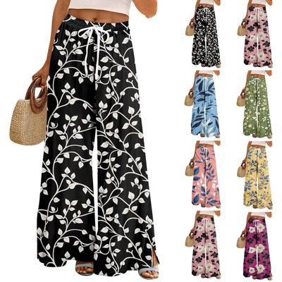 Women's Loose Casual Floral Print Wide Leg Pants With Elastic Waist Drawstring And Pocket Pants