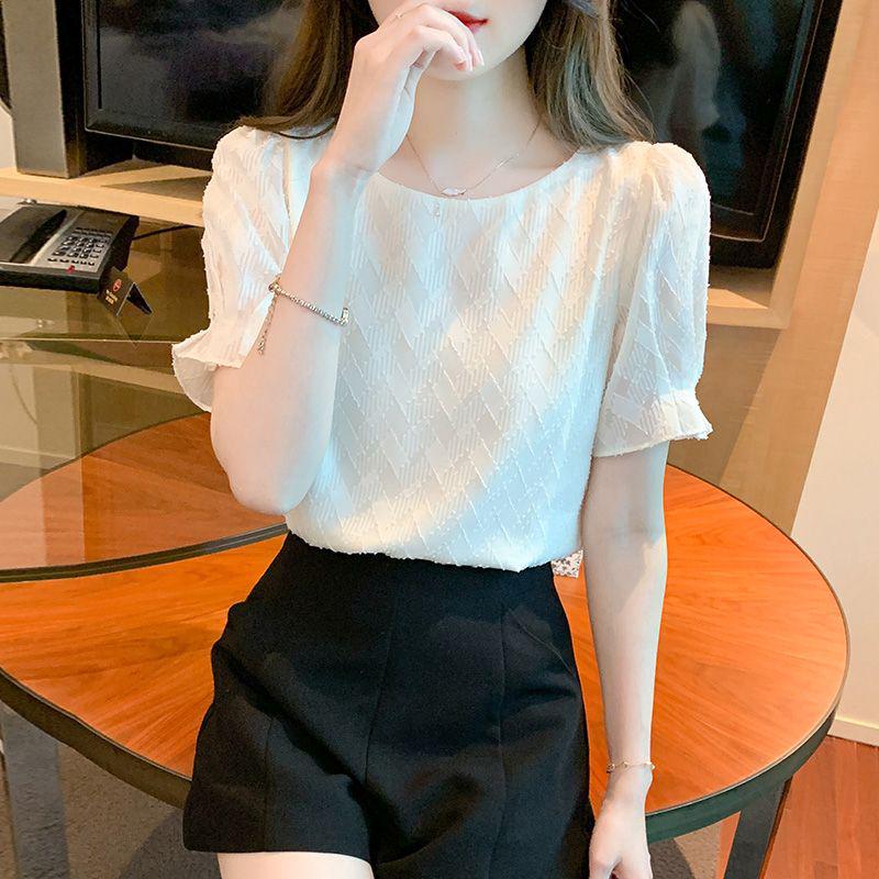 Summer 2023 Women's Western-Style Chiffon Blouse - Short Sleeve, Elegant, Age-Defying Top