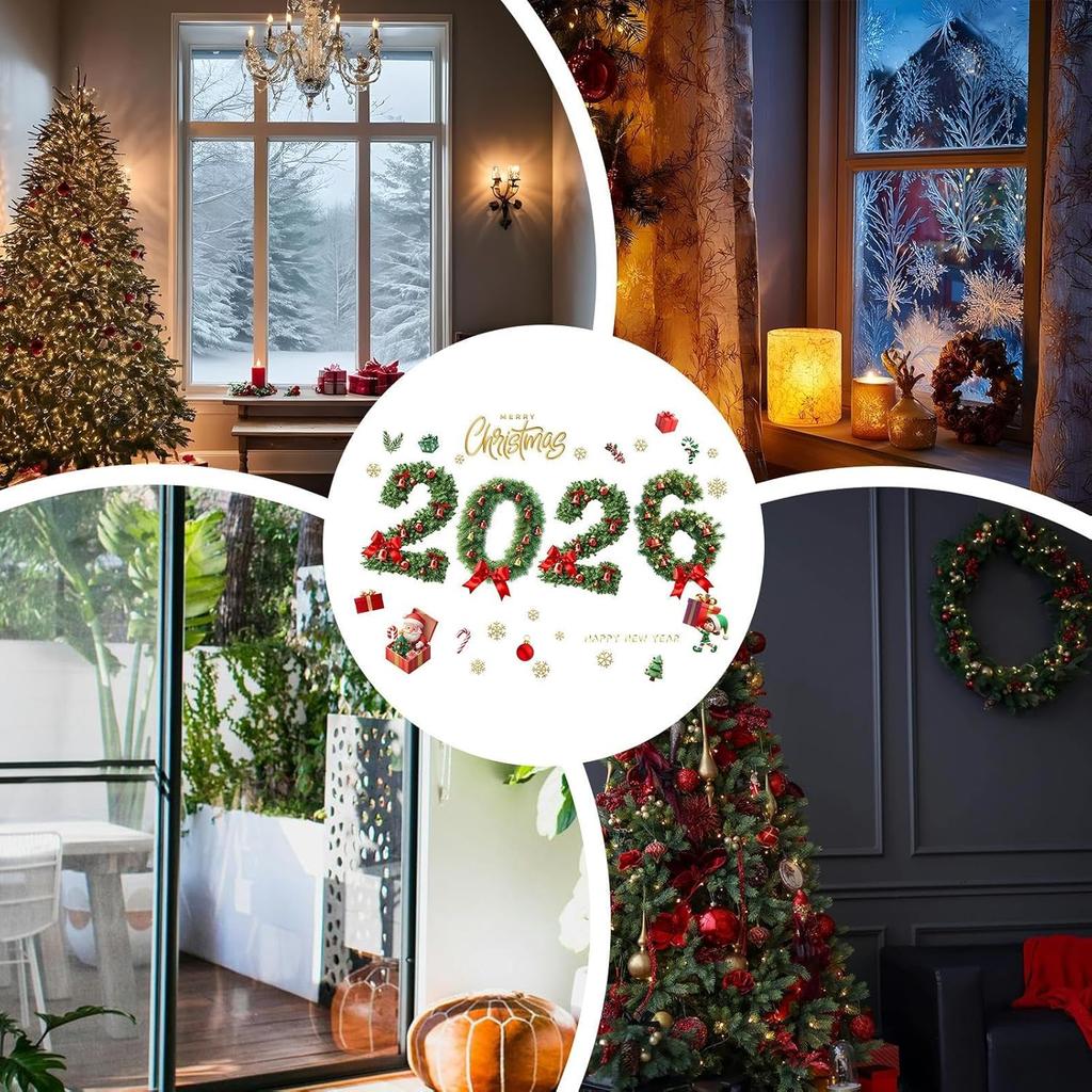 Christmas 2026 New Year Green Pine Needle Window Stickers Bow Party Decoration Festival Supplies Glass Electrostatic Stickers