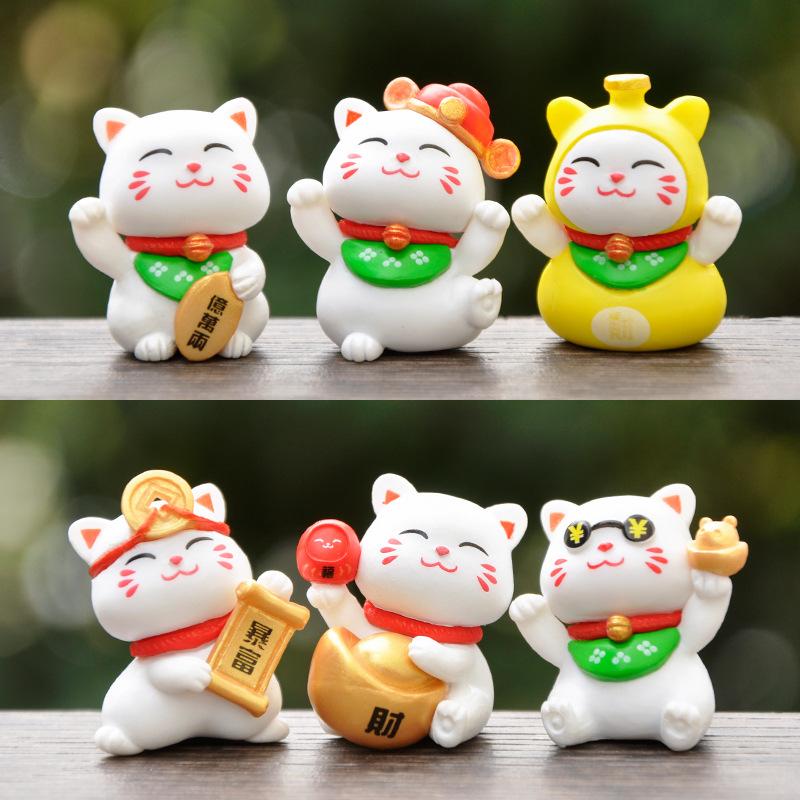 6pcs Figurines Miniature Cute Lucky Cat Micro Landscape Crafts Ornaments For Home Decorations Animal Car Decor Room Accessories