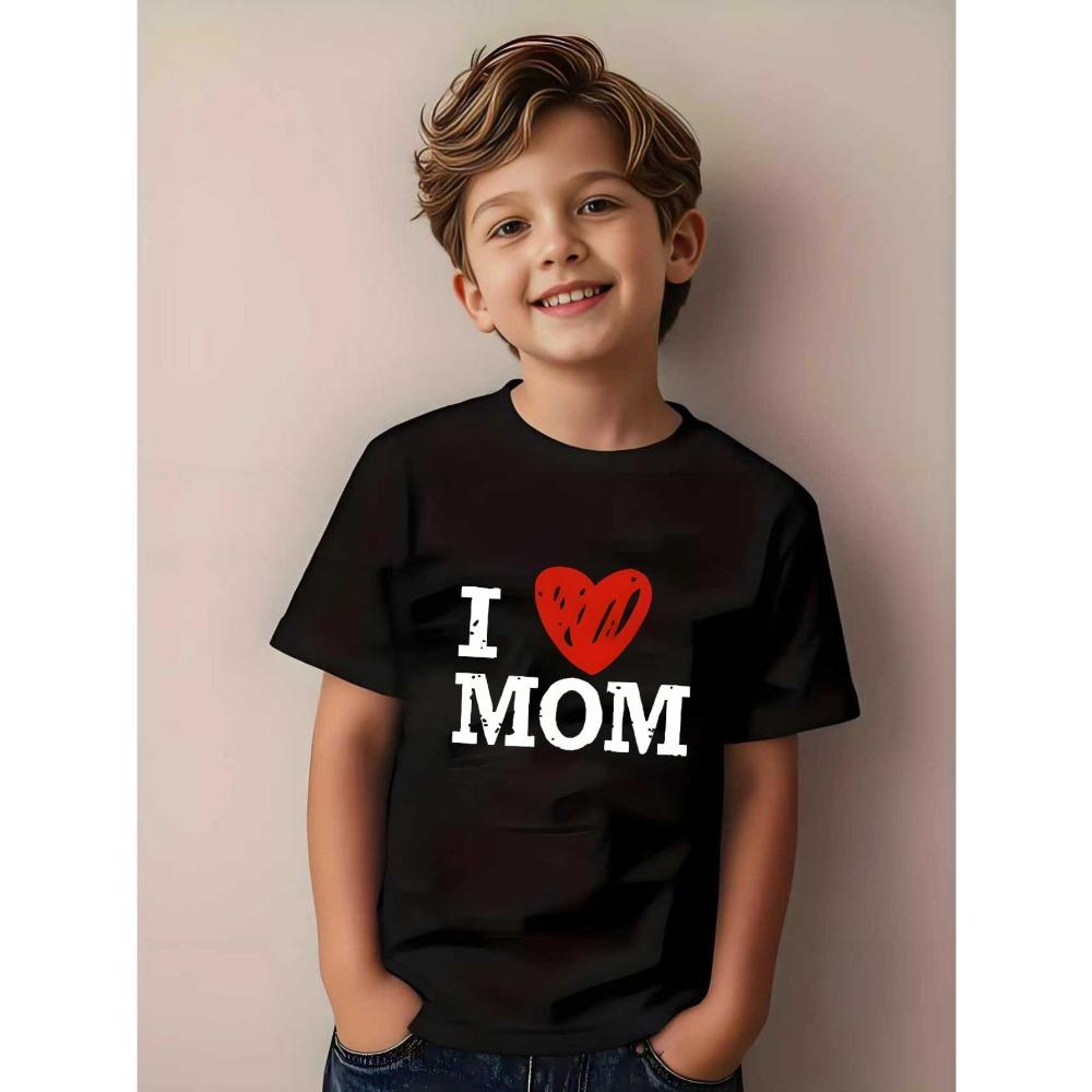 

Summer clothes for boys and girls, I love mom print, round neck short-sleeved tops, casual regular style 100