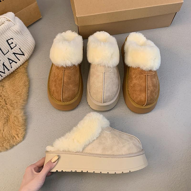 Thick-soled heightening, piled warm snow boots, half-towed fluffy cotton slippers, women's outer wear, new winter one-pedal