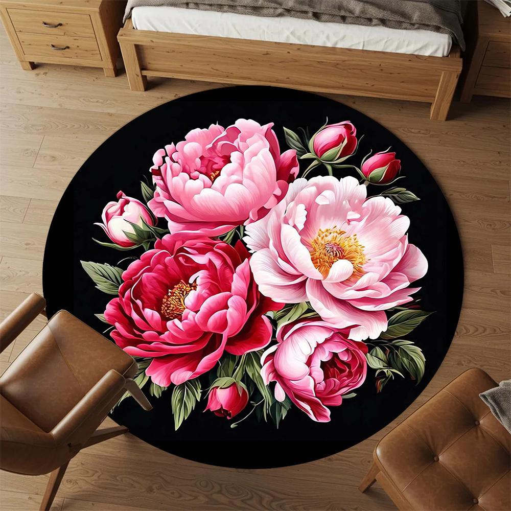 1ks Květiny Pivoňky Kulatá Podložka na Židli Koberec - Protiskluzová, Podlahová Rohožka do Kanceláře, Ložnice a Vnitřní Výzdoby -1002173