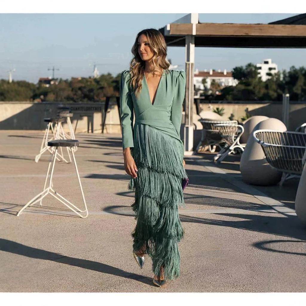 Autumn new European and American fashion suit ins new, deep V fringed slim dress