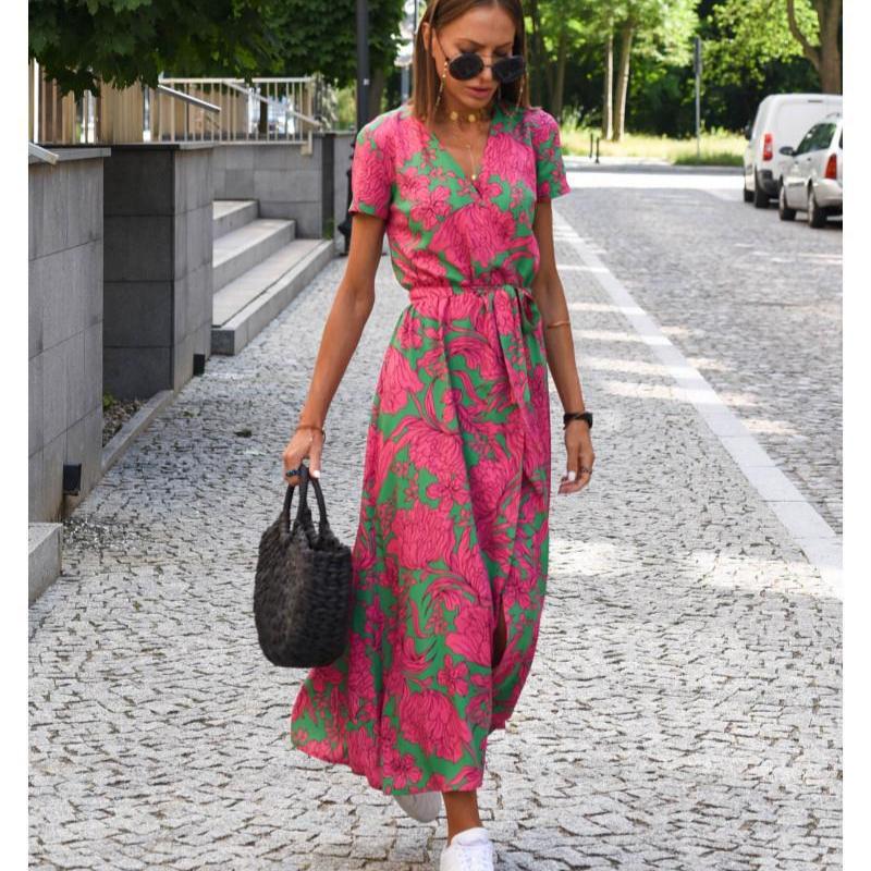 Women Floral Print Long Dresses Summer Sexy V Neck Split Lace-up Dress Female Casual Elegant Short Sleeve Beach Dress Vestidos