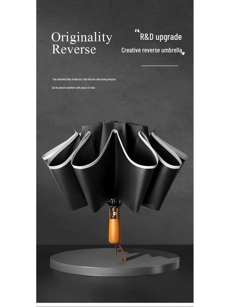Automatic Windproof Umbrella: UV Protection, Large Folding Design, Wooden Handle for Sun and Rain