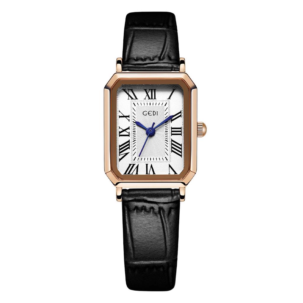 Gedi Women's Gold Square Retro Roman Numeral Leather Strap Quartz Watch – Artistic Daily Gift