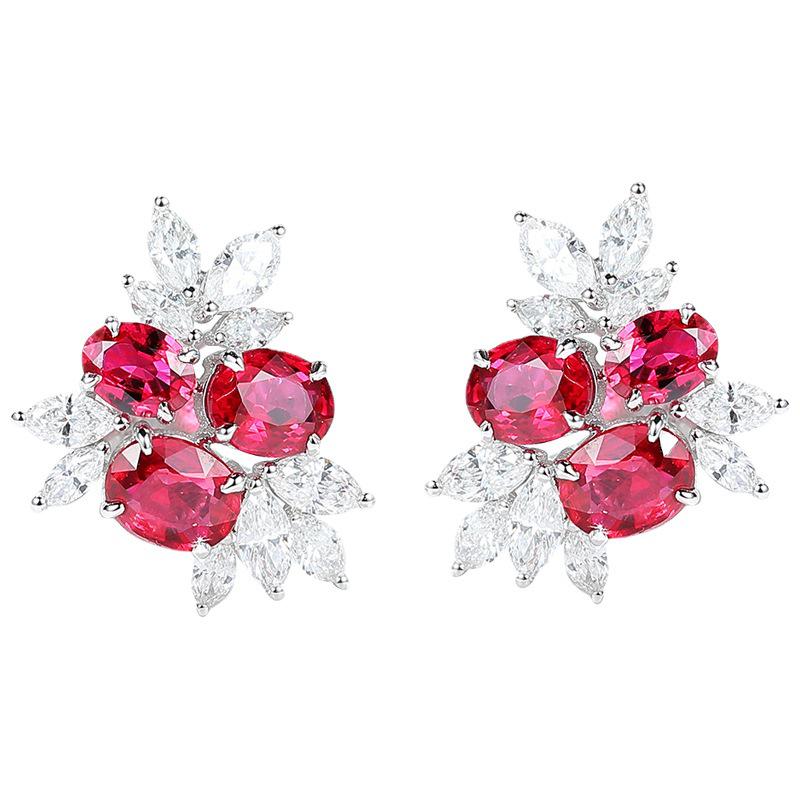 18k White Gold Simulated Ruby & Zircon Stud Earrings with Sapphire for Women