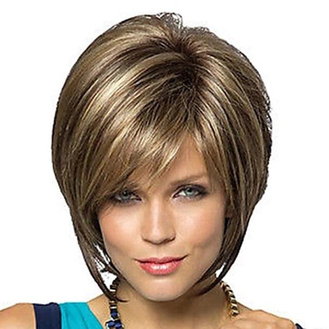 Women Straight Bangs Style Pixie Cut Synthetic Hair Wig Brown Mixed Short Wigs Machine Made