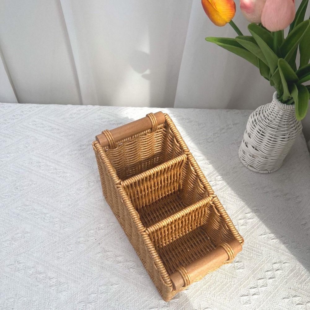 Multi-porpose Compartmentalized Storage Box Brown Plastic Sundries Organization Box Bevel Step Divided Grids Weaving Basket