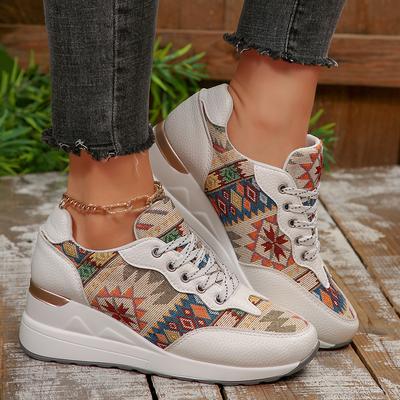 Bohemian Style Wedge Heel Sneakers Women Autumn 2026 Geometric Pattern Casual Sports Shoes Woman Lightweight Platform Sneakers