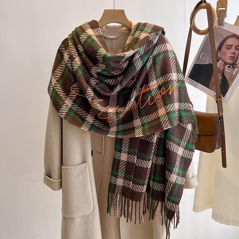 Christmas burgundy scarf women's new winter British plaid imitation cashmere scarf men's warm shawl