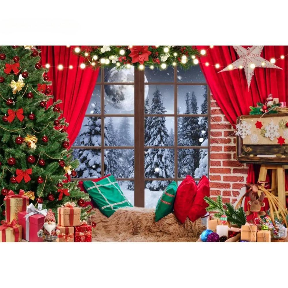 Merry Christmas Backdrops for Photography Winter WindowXmas Tree Holiday Christmas Family Party Decoration Photo Backgrounds