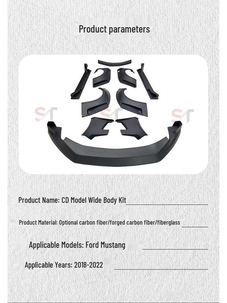 18-22 Ford Mustang Wide Body Kit: Resin Front Lip, Fender Flares, Rear Spoiler, Side Skirts