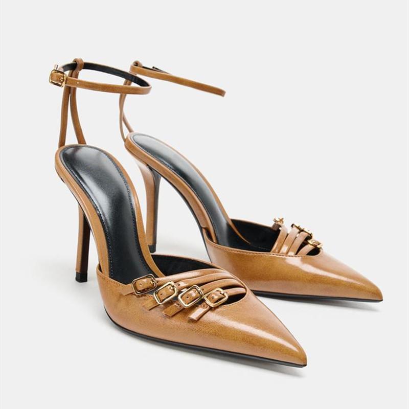 Scarpe Décolleté Marroni con Fibbia a Fascia Stretta Decorate Donna Moda Punta Acuta Cinturino alla Caviglia Tacco Sottile Scarpe di Designer Eleganti Scarpe da Sera