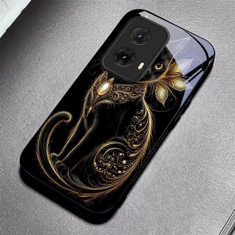Luxury Jeweled Cat Black Glass Phone Case For Motorola Moto G14 G22 G24Power G24 G34 G35 G45 G54 55 G75 G84 85 Hard Black Cover