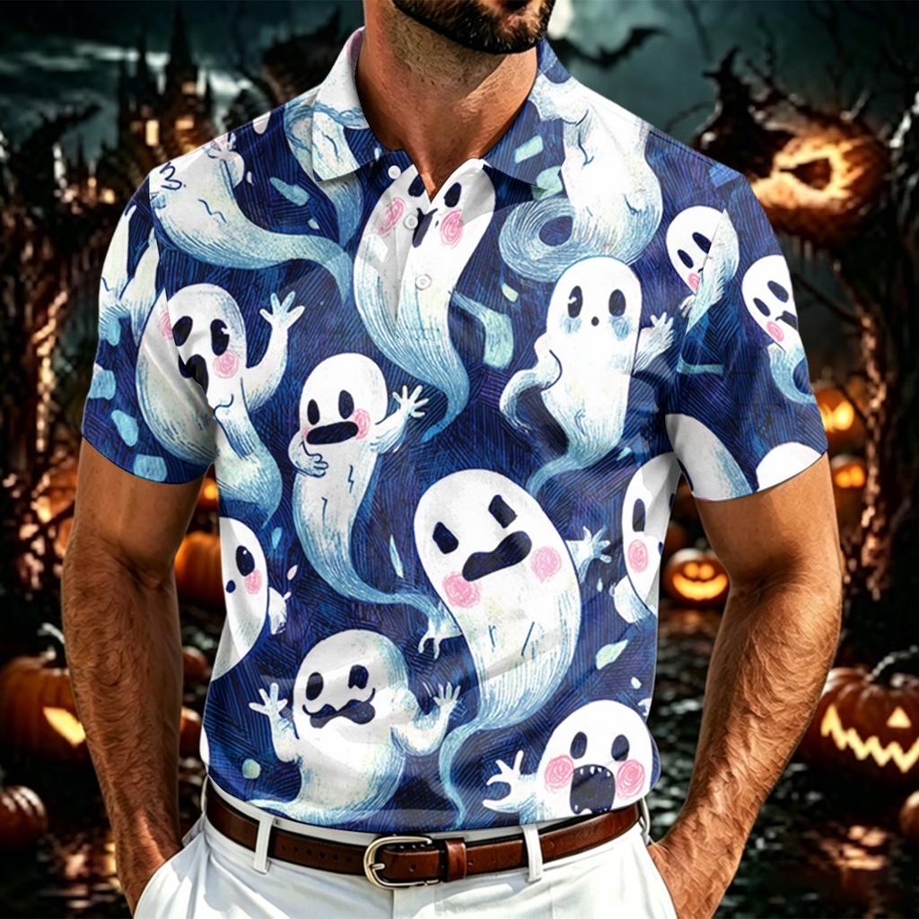 Men's Halloween Print Polo Shirt Lightweight Breathable Mesh Short Sleeve Collared Shirt Casual Summer Top