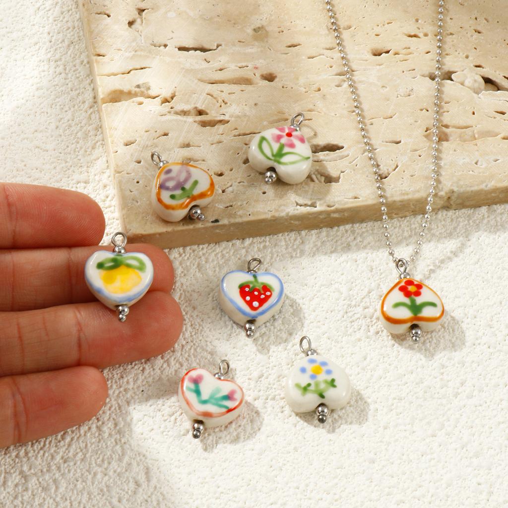 2Pcs Resin Double-Sided Charms Heart Painted Flower Strawberry 304 Stainless Steel Pendants For DIY Necklace Making 21mmx15mm