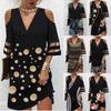 Women Off Shoulder V Neck 3/4 Sleeve Dress with Cut Out Detail Multi Pattern Midi Dress