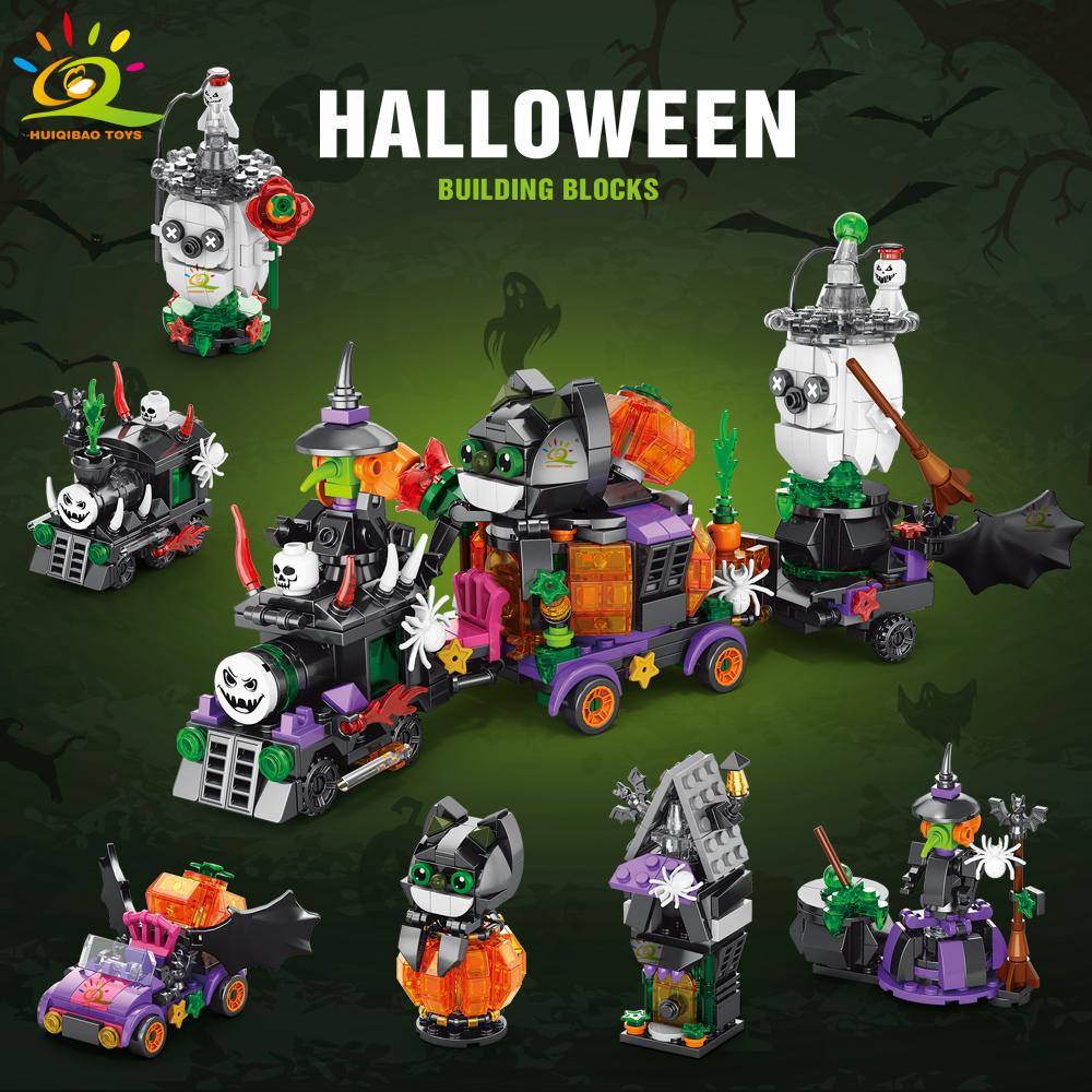 Non-Toxic 6In1 Halloween House Train Model Building Blocks City Pumpkin Ghost Car Moc Bricks Set Toys For Children Kids Gift
