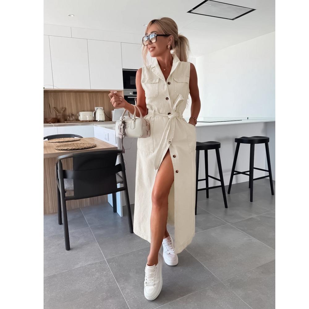 

Женские джинсовые платья без рукавов на пуговицах со шнуровкой на талии, макси-платье из джинсовой ткани S бежевый