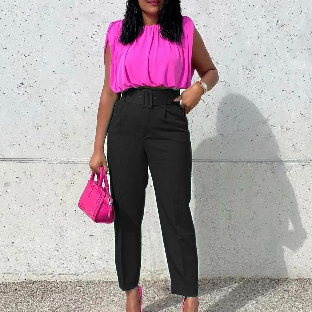 

Европейские и американские женские узкие повседневные брюки с высокой талией и поясом — модный стиль весны 2024 года, доступны размеры больших размеров.