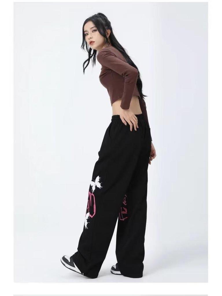 American Graffiti Butterfly Sweatpants: Korean Jazz Street Dance - Women's High-Design Spring/Summer Casual Wear