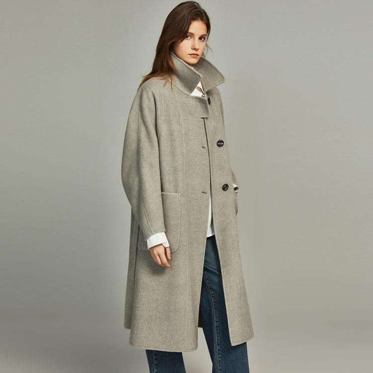 ELLE Solid Color Lapel Single-Breasted Mid-Length Long Sleeve Coat Women Coats Gray EN36131