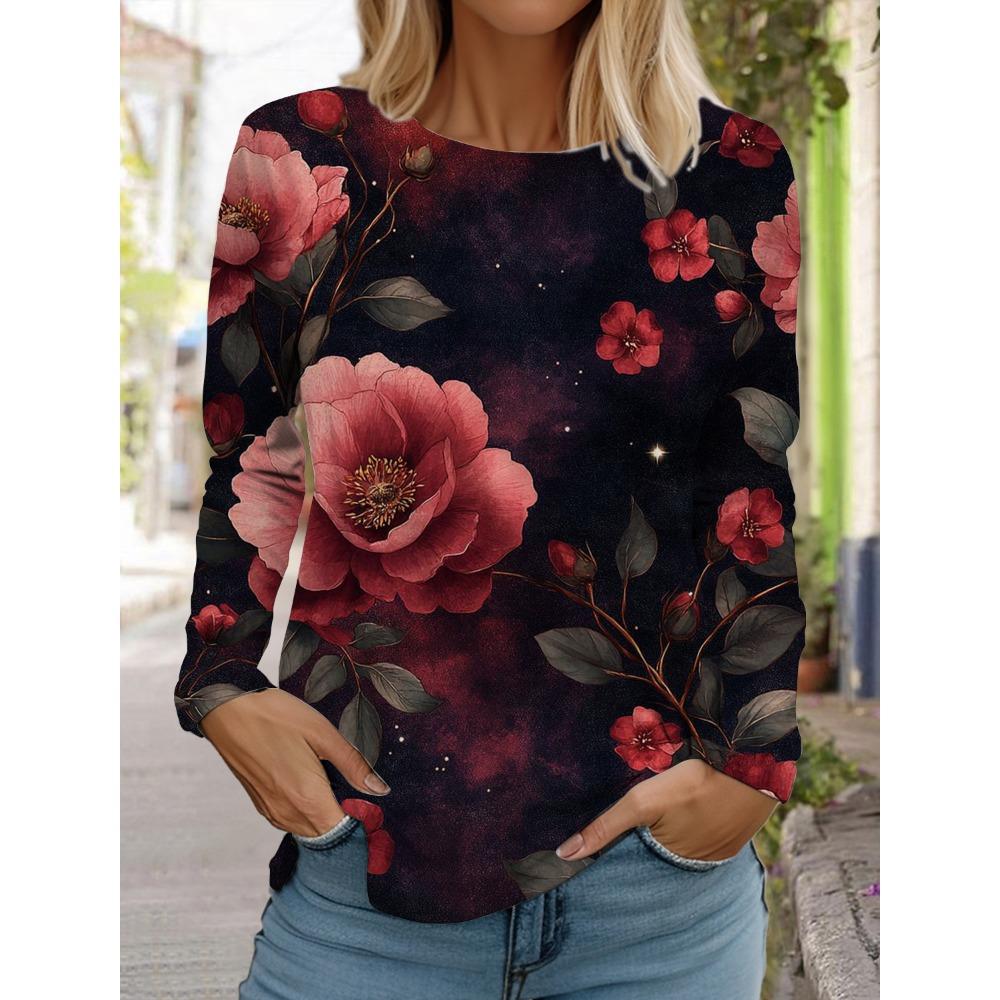 Women's 3D printed floral T-shirt with fashionable long sleeves