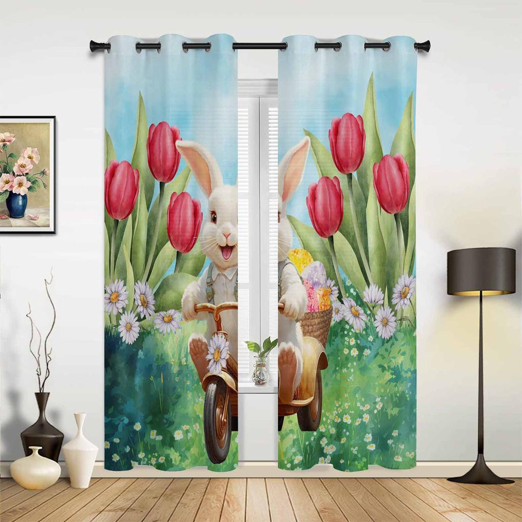 Easter Bunny Tulips Daisies Window Curtains for Living Room Bedroom Curtain Modern Kitchen Blinds Drapes Curtains