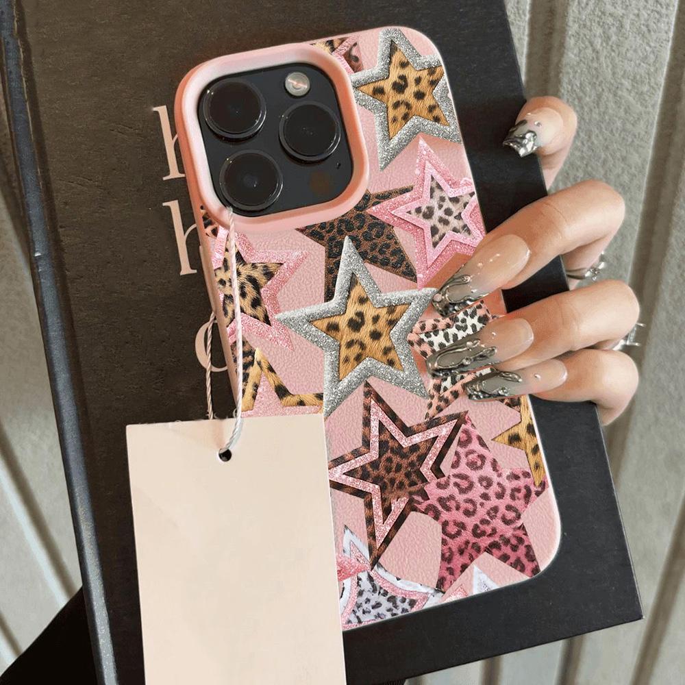 HOT Trendy Leopard Print Stars Lichee Leather Pattern Phone Case For iPhone 17 16e 16 15 14 13 12 11 Air Pro Max Plus X XR XSMax