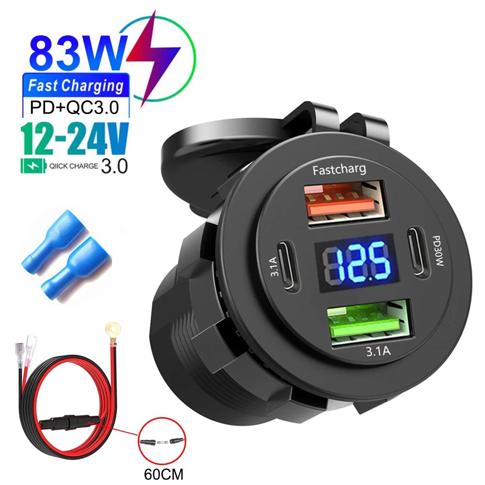4 Port Car Charger Socket PD 30W Fast Charging Dual USB+Type C Outlet Phone Power Adapter with Voltmeter for Motorcycle Truck Boat