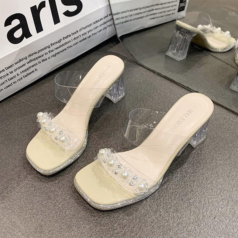 

2025 лето новый средний каблук мода универсальные туфли на высоком каблуке толстый каблук носить стразы крутые шлепанцы прозрачные сандалии женские 40 хаки