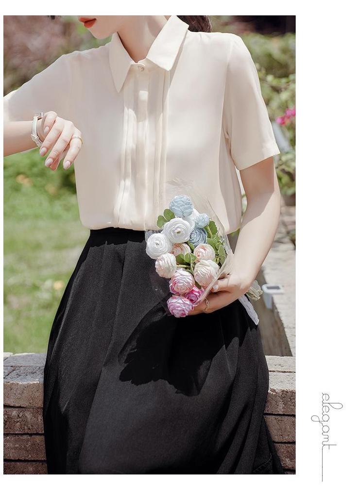 2026 Koreanischer Stil Plissiertes Satin-Chiffon-Hemd - Kurzärmelig, Vielseitige Damenmode