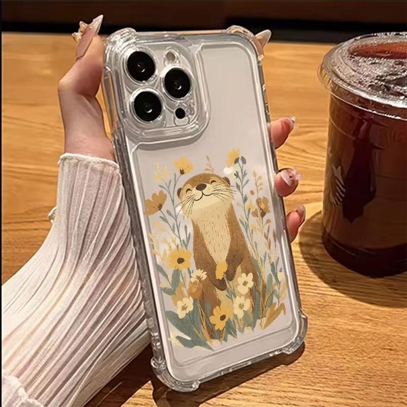 Flowers & Otter Pattern Transparent Phone Case For iPhone 17 11 13 12 14 15 16 Pro Max XS XR 15 16 Plus Shockproof Soft Cover