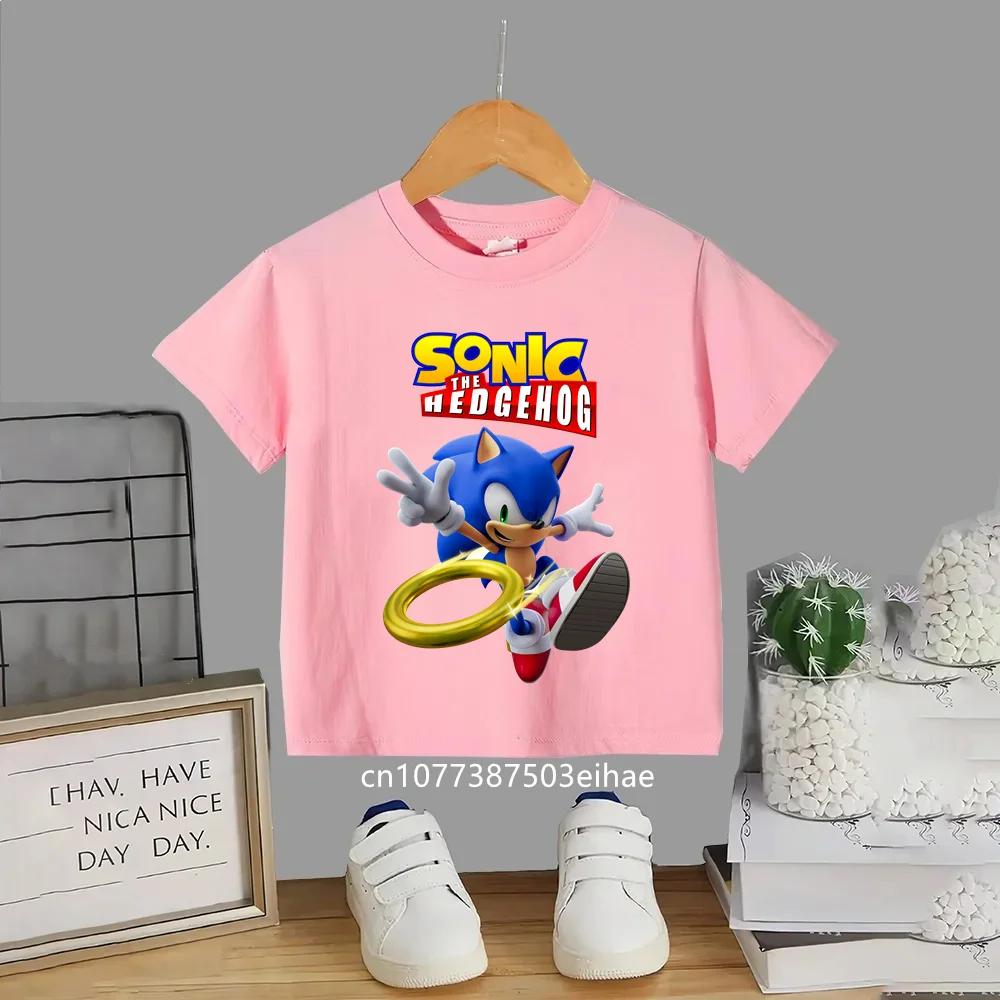 Summer Short Sleeve Kids TShirt Anime Sonic Cartoon Pattern Round Neck Casual Fashion Comfortable Breathable Daily Play Clothes