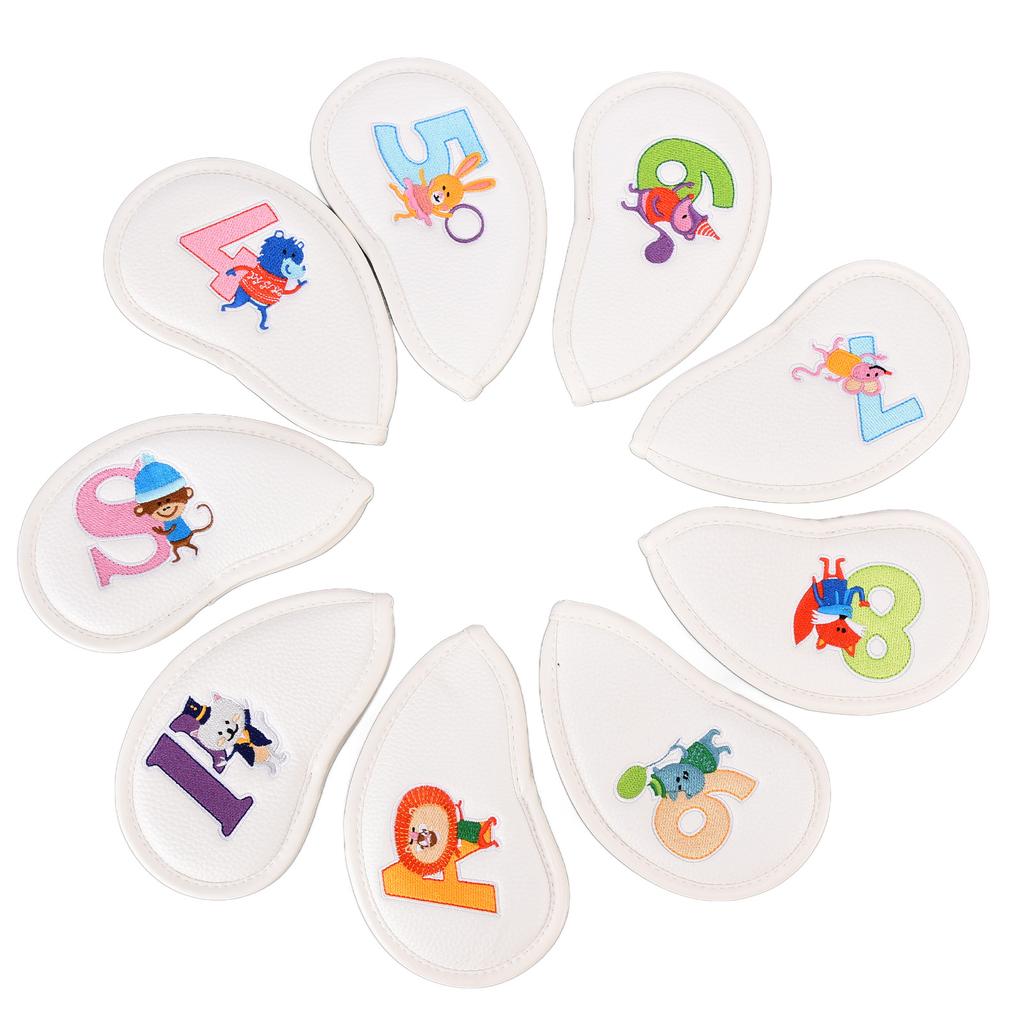 9 Stück Golf Eisen Schlägerhauben Set PU Leder Headcover mit Cartoon Tier Stickerei Weiß