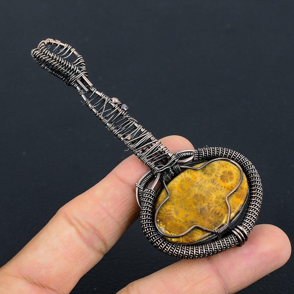 Natural Fossil Coral Gemstone Handmade Copper Wire Wrap Guitar Pendant 3.1 G8f59