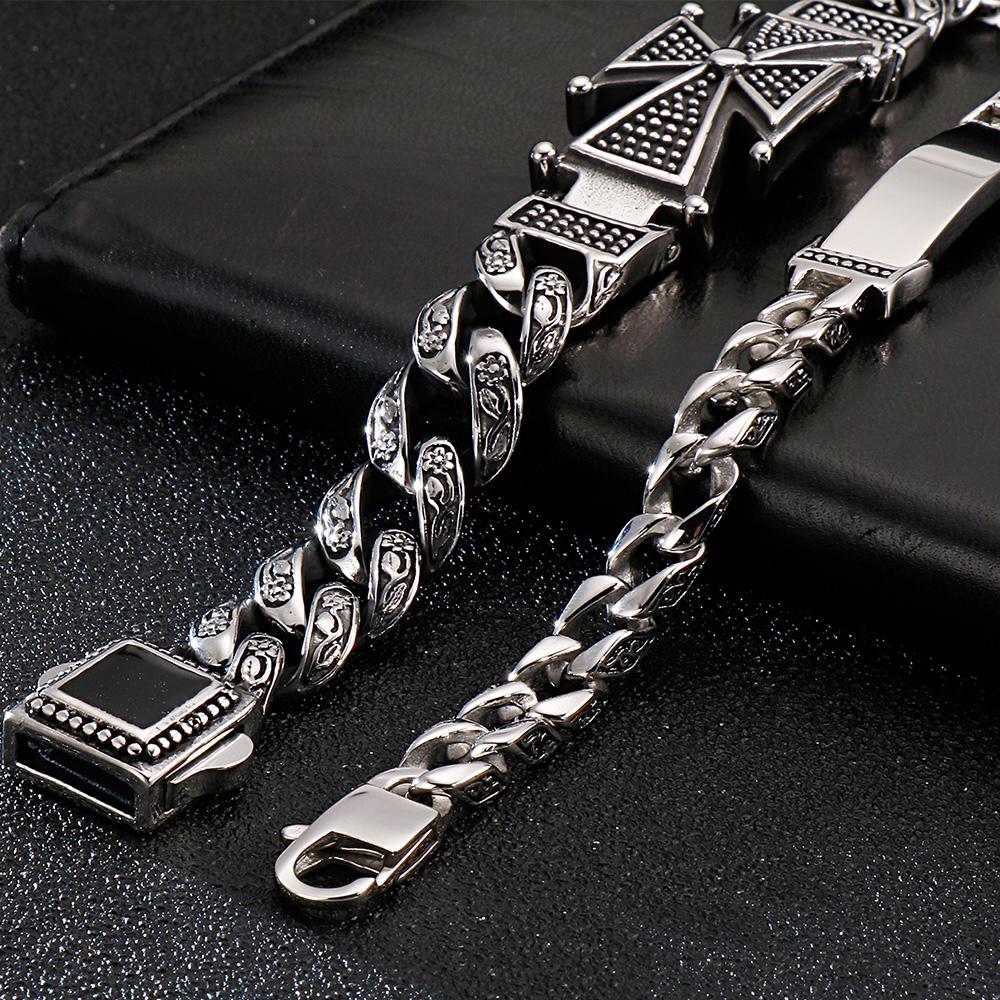 23mm Heavy Punk Retro Black Curb Cuban Chain Bracelet Men Women Hiphop Stainless Steel Biker Bike Pattern Cross Bangle Jewelry