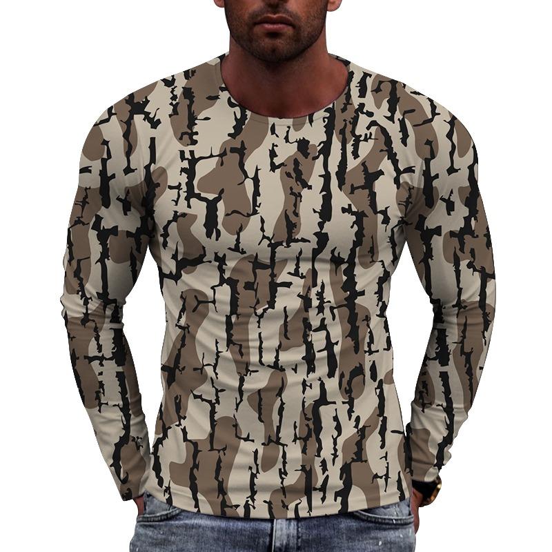 Men's Camouflage Printed Long Sleeve T-shirt European Size Casual round Neck Top Trendy Autumn Wear