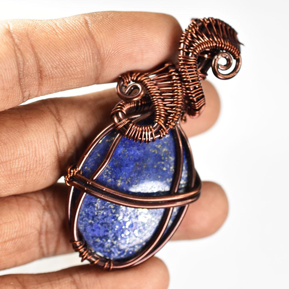 Natural Lapis Lazuli 65 Ct Certified Handmade Copper Wire Wrapped Oval Pendant