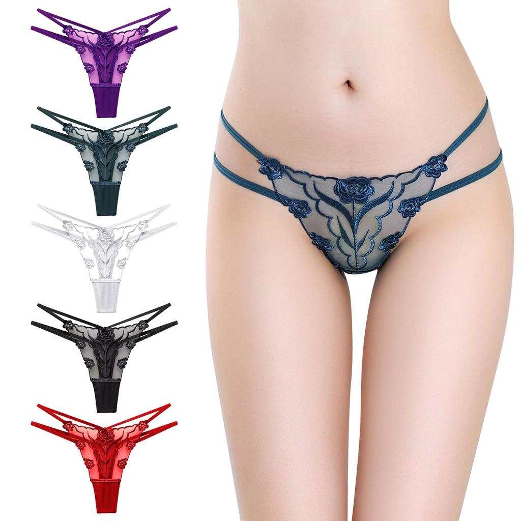 KOXIFLI Sexy Floral Embroidered Transparent Perfect for Buttocks Size Women's T-Back Panties, 5-Piece Set, Lingerie, Low-Rise, (5 Pieces, L)