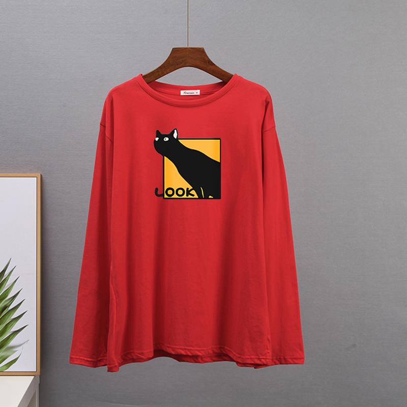 Hirsionsan Casual Loose T Shirt Women Spring New Simple Cute Cat O-neck Tees Female Fashion Long Sleeve All-match Tops for Girls