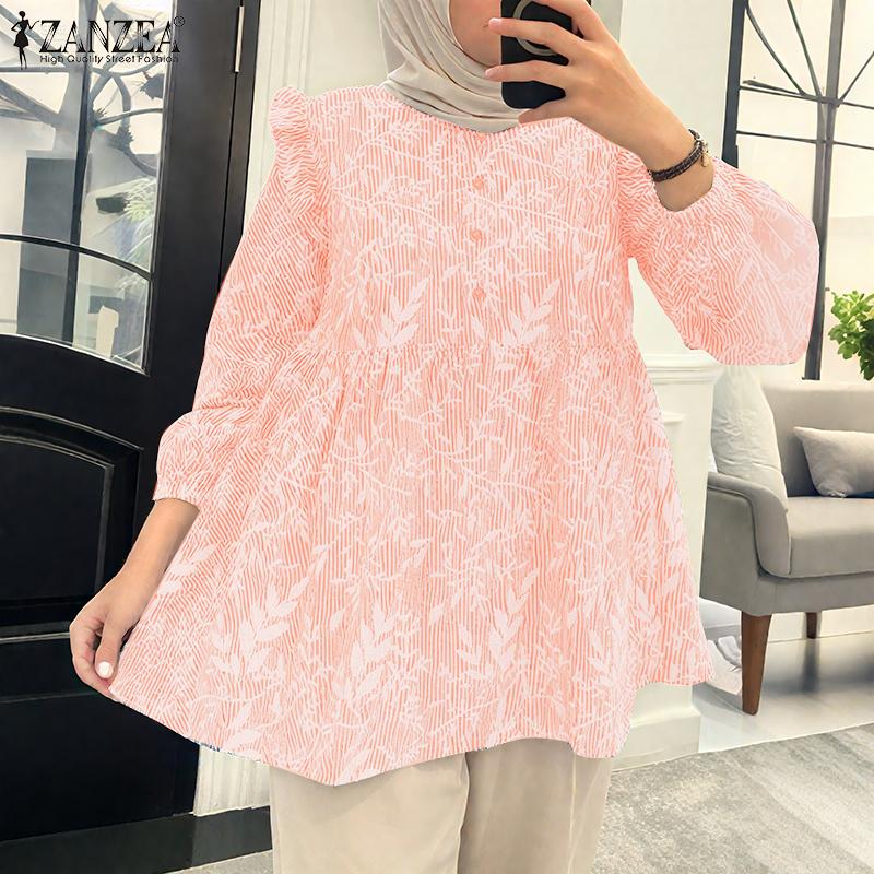 ZANZEA Women Casual Round Neck Loose Long Sleeve Print Blouse
