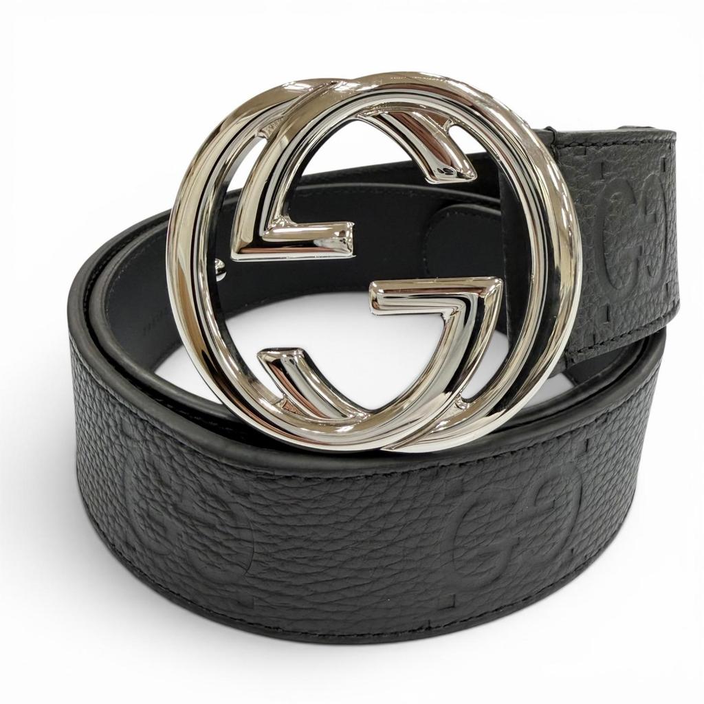 Great GUCCI belt GG pattern interlocking G black leather mens 794196 Used