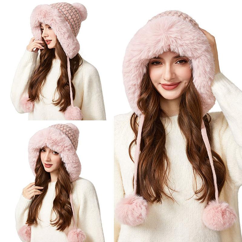 Knitted Hat Winter Big Hair Collar Thick Wool Hat Women's Three Hair Ball Warm Hat